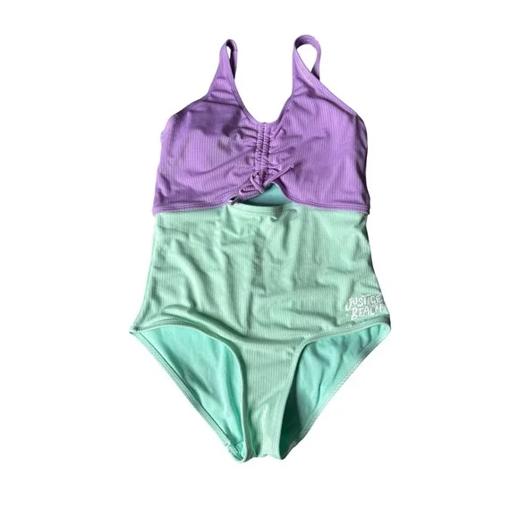 Justice Beach Girls One Piece Swimsuit Purple Mint Ribbed Ruched Halter XL 14/16 - Picture 1 of 6